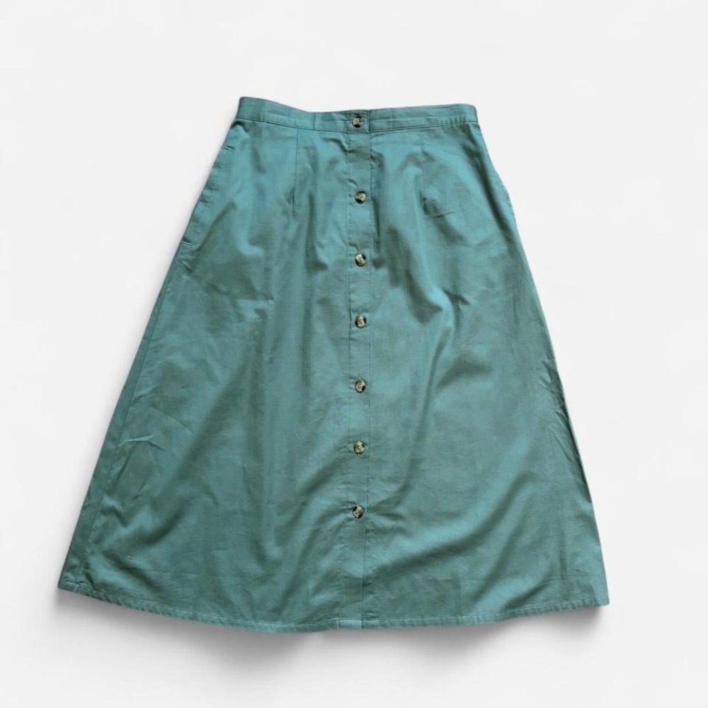 National Midi Skirt Mint Green Seafoam Button Up A-Line Y2K 2000s 8 M 8P Petite